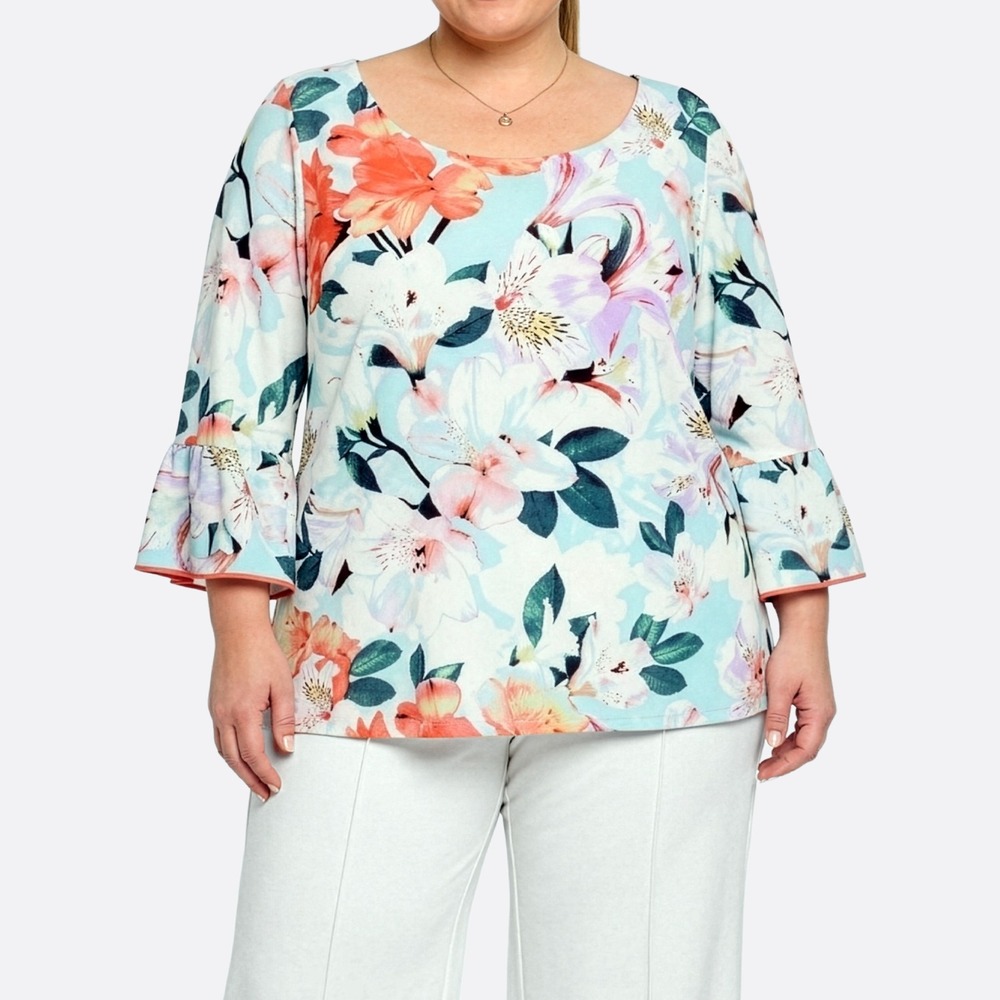 Calvin Klein Bell Sleeve Blouse Floral Blue Botanical Plus Sz 3X 4X Garden Party